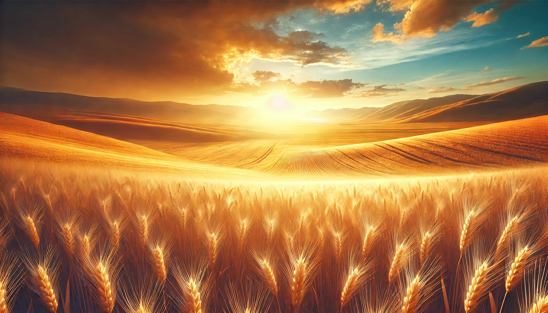 An expansive landscape featuring a golden wheat field under a glowing sunset.