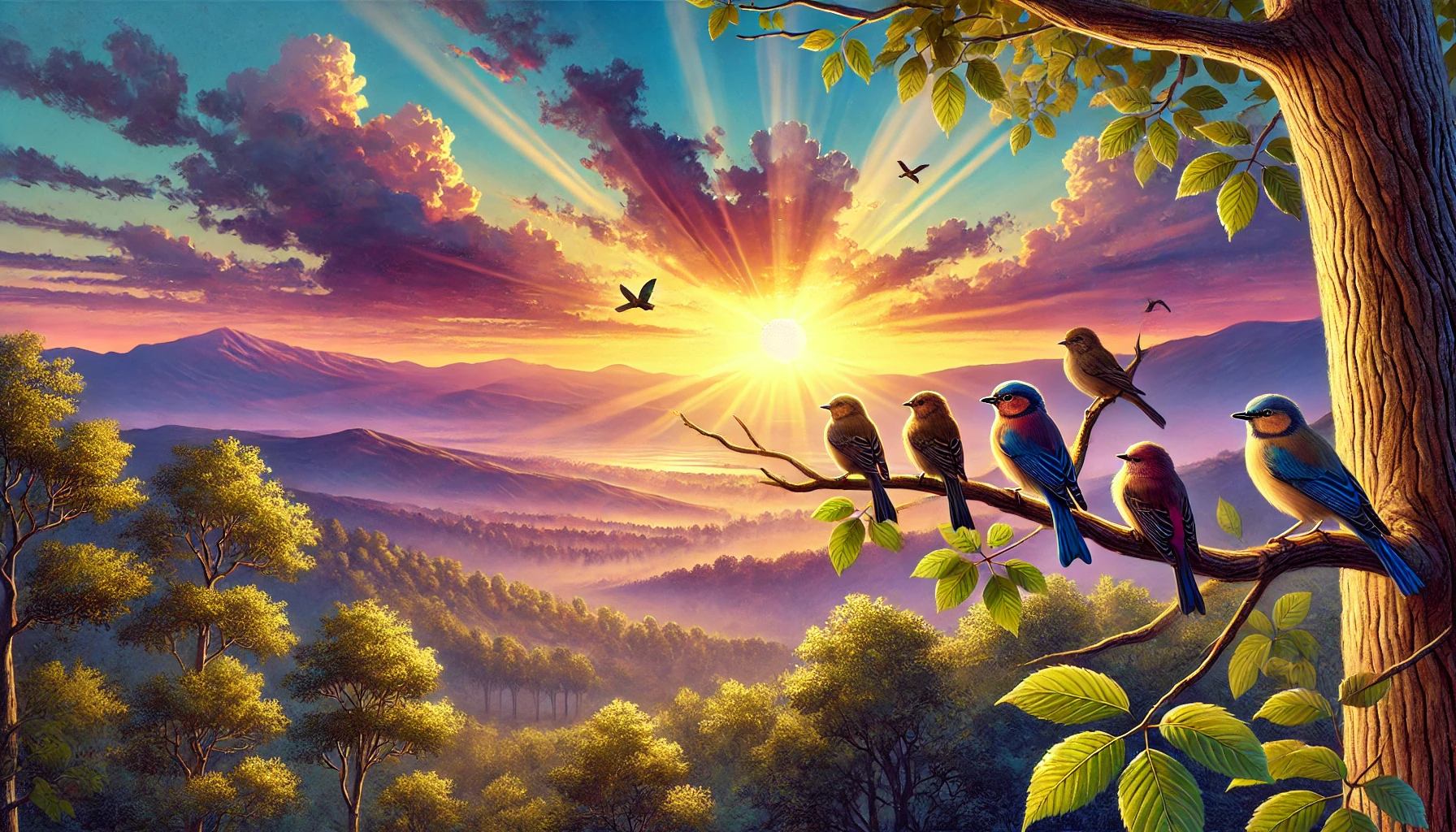 Birds perched on a tree branch with a sunrise in the background.