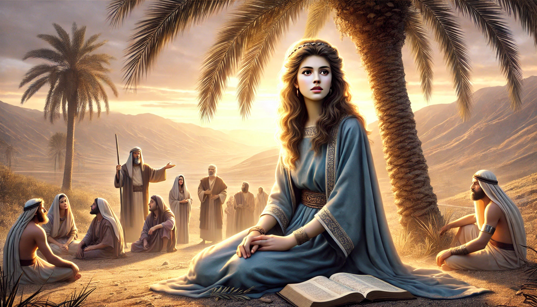 Deborah, a biblical prophetess and judge, sitting under a palm tree in ancient Israel.