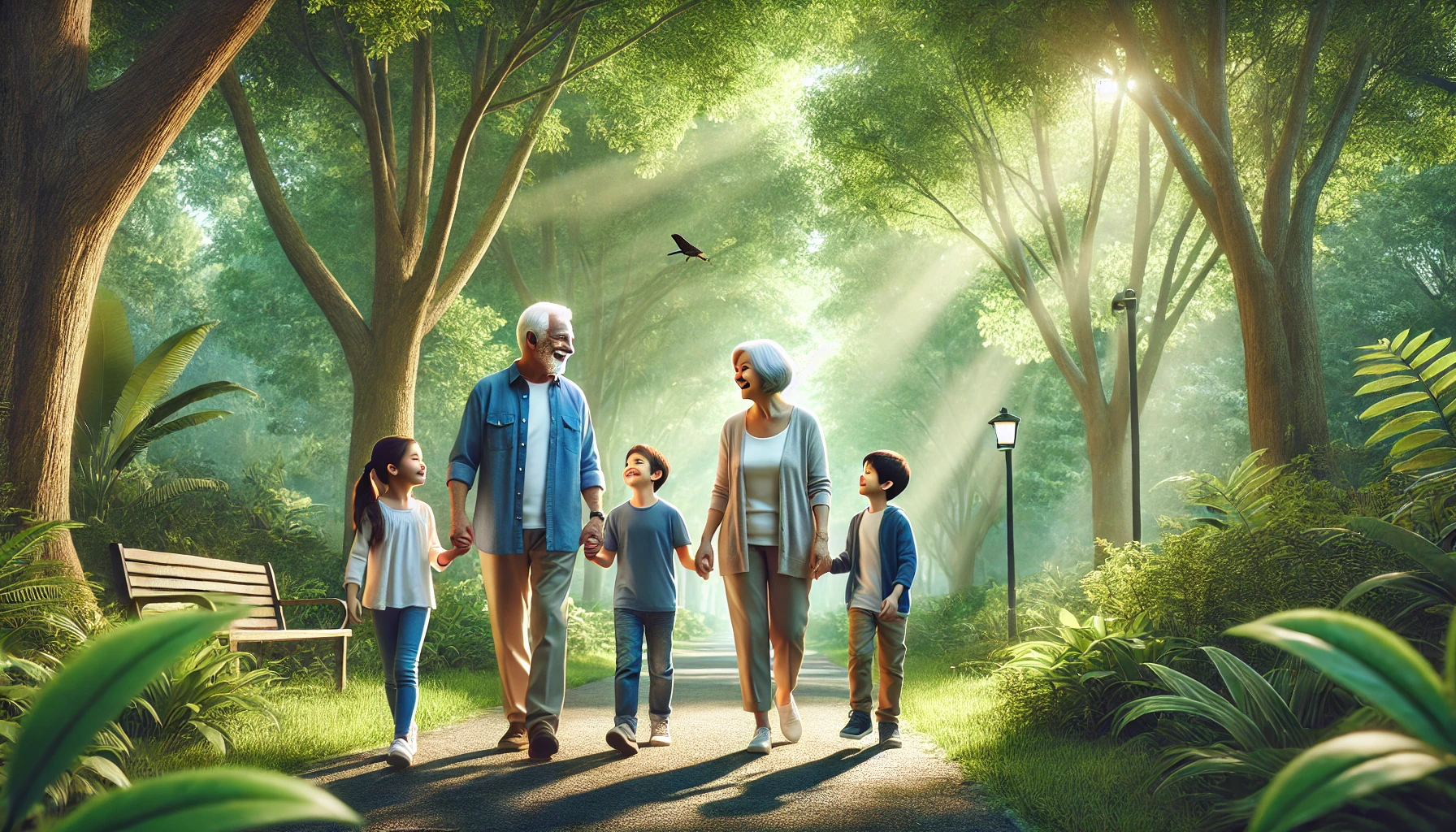 Grandparents walking hand-in-hand with their grandchildren in a lush, green park.