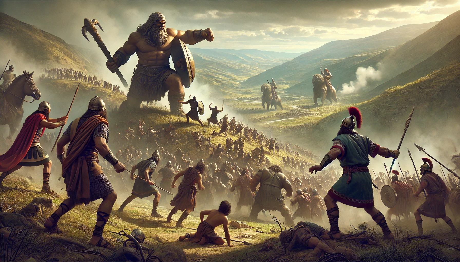 Joshua leading the Israelites in battle against the Anakim in an ancient Middle Eastern hill country.