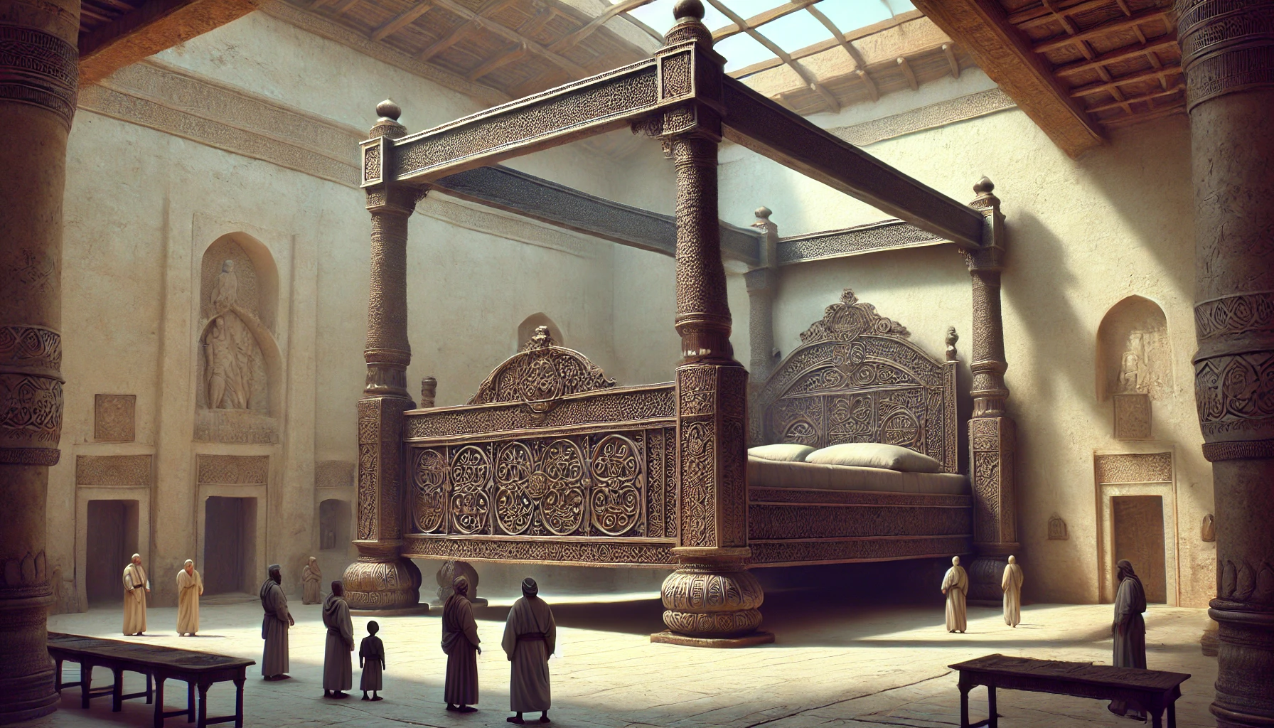 King Og of Bashan's massive iron bedstead resting in an ancient Middle Eastern city.