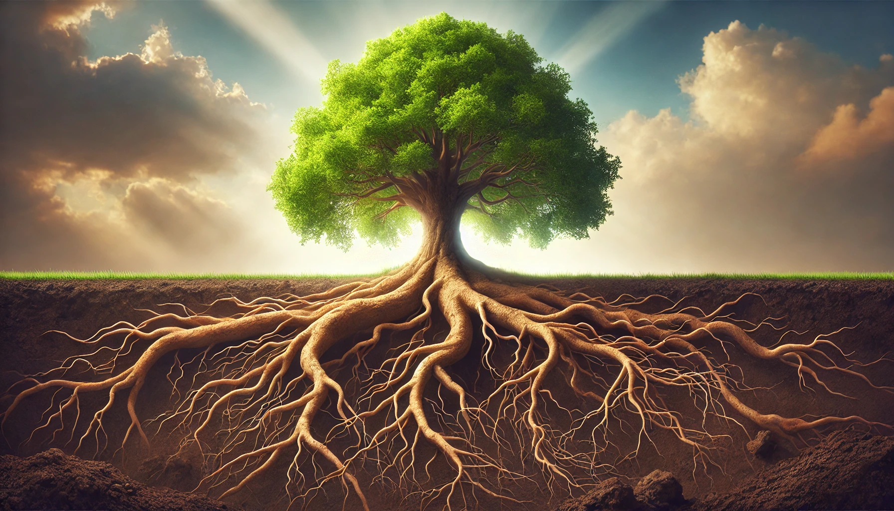 Strong tree roots spreading deep into rich soil, with a vibrant tree flourishing above.