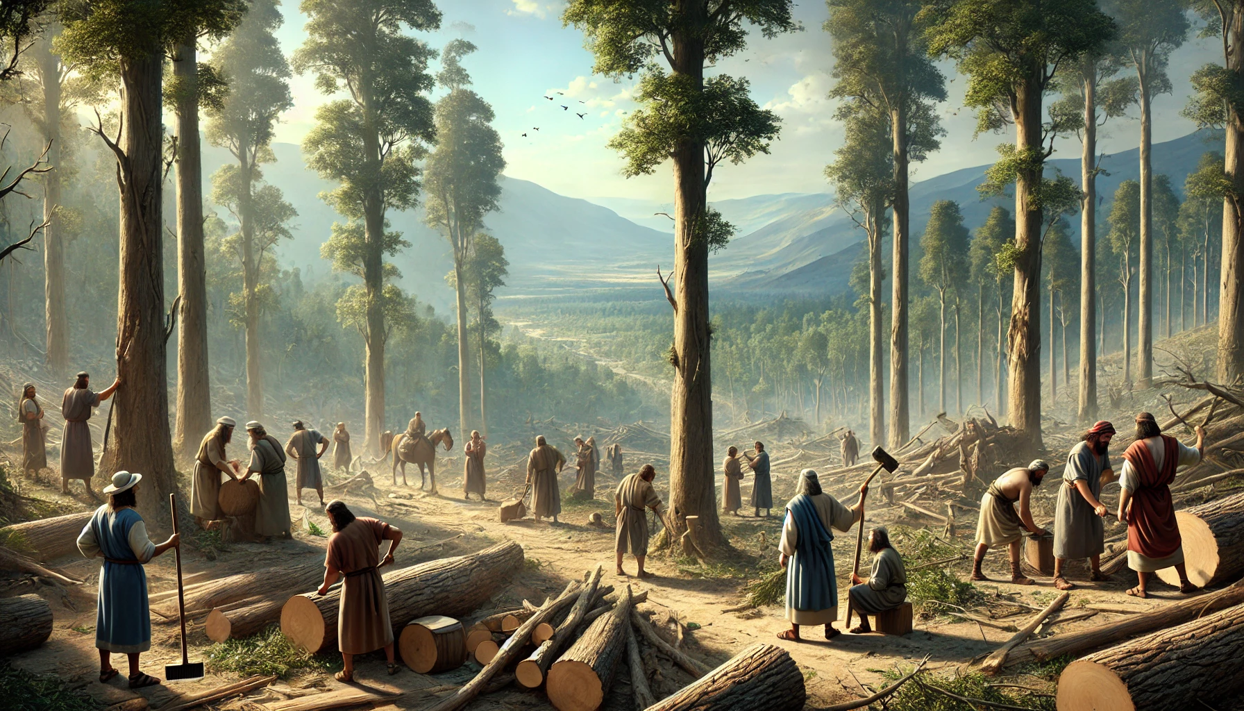 The Israelites clearing land in a dense ancient forest in the hill country of Ephraim.