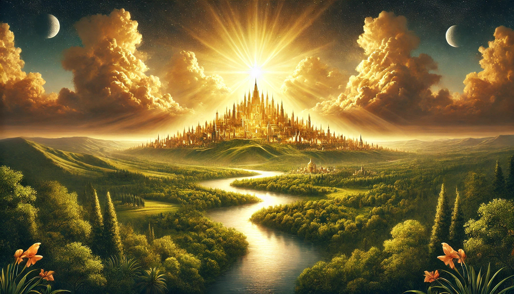 The Kingdom of God, featuring a glowing city on a hill, surrounded by lush greenery and radiant golden sky.