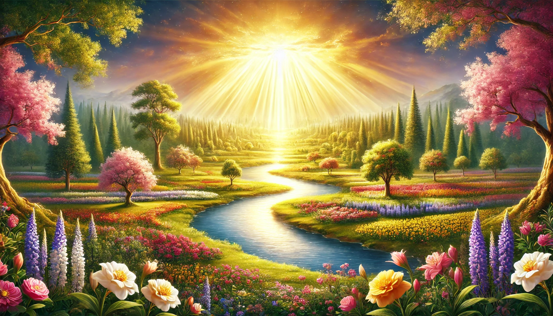 The Kingdom of God, featuring a vast, peaceful garden with vibrant colors, filled with blooming flowers.