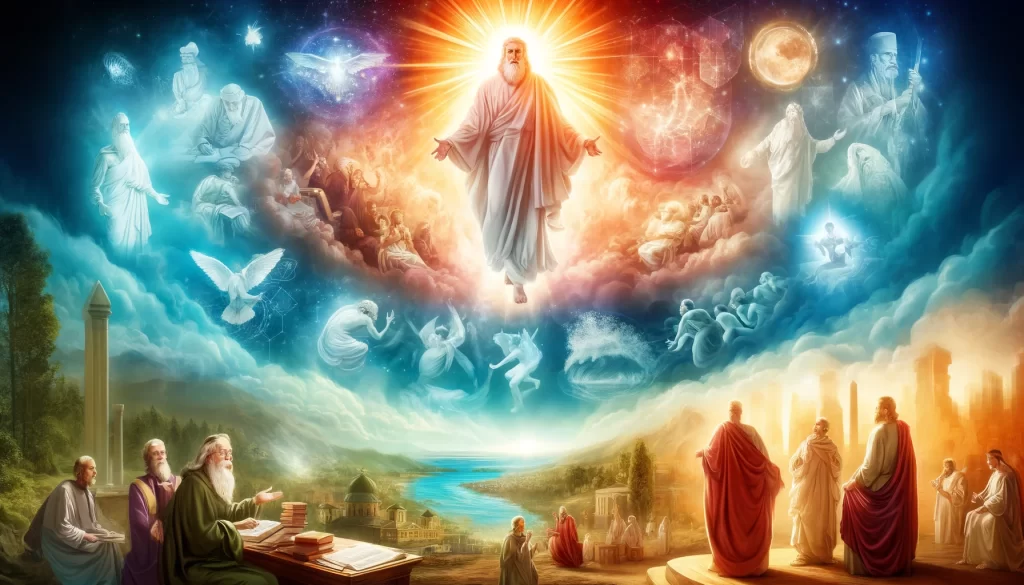 the concept of omnipotence in Christianity, featuring a radiant figure symbolizing God in the heavens