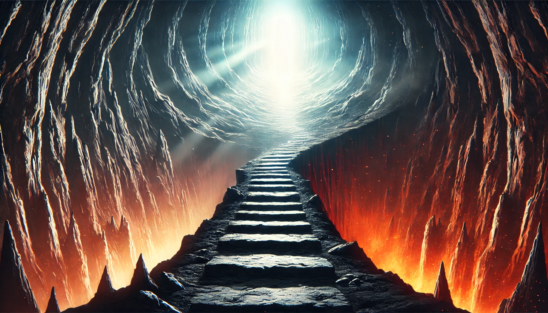 The image features a path ascending toward a glowing, heavenly light above.