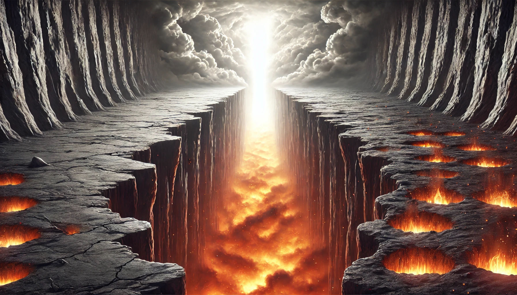 The image shows a stark contrast between a bright, heavenly path leading upward.