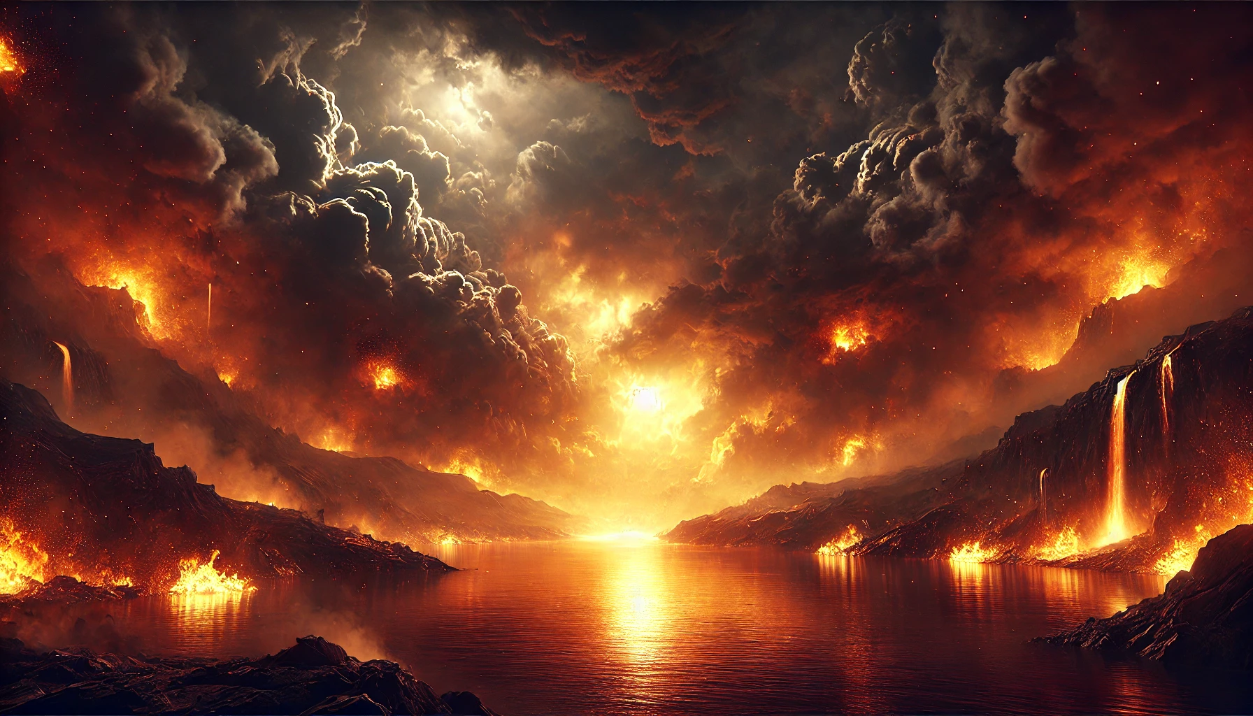 The scene depicts a fiery lake under a dark, smoky sky.