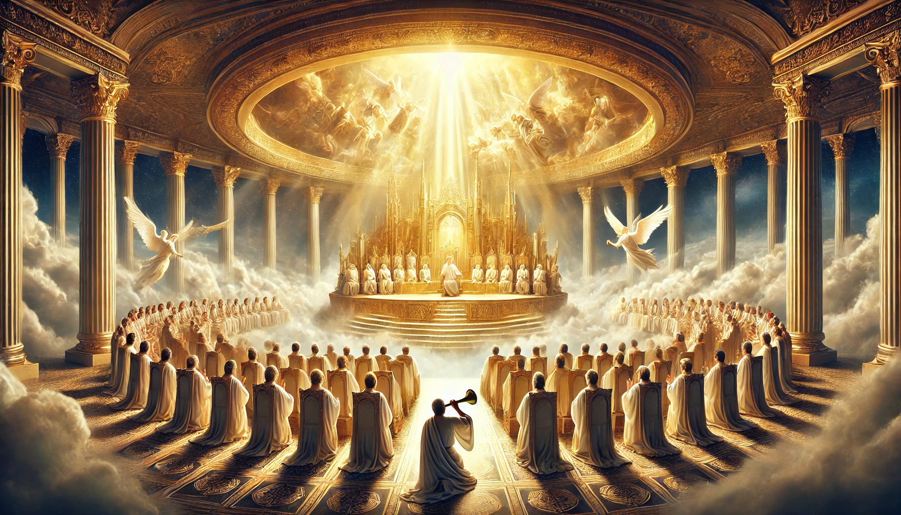 The scene shows a magnificent heavenly throne room, filled with golden light.