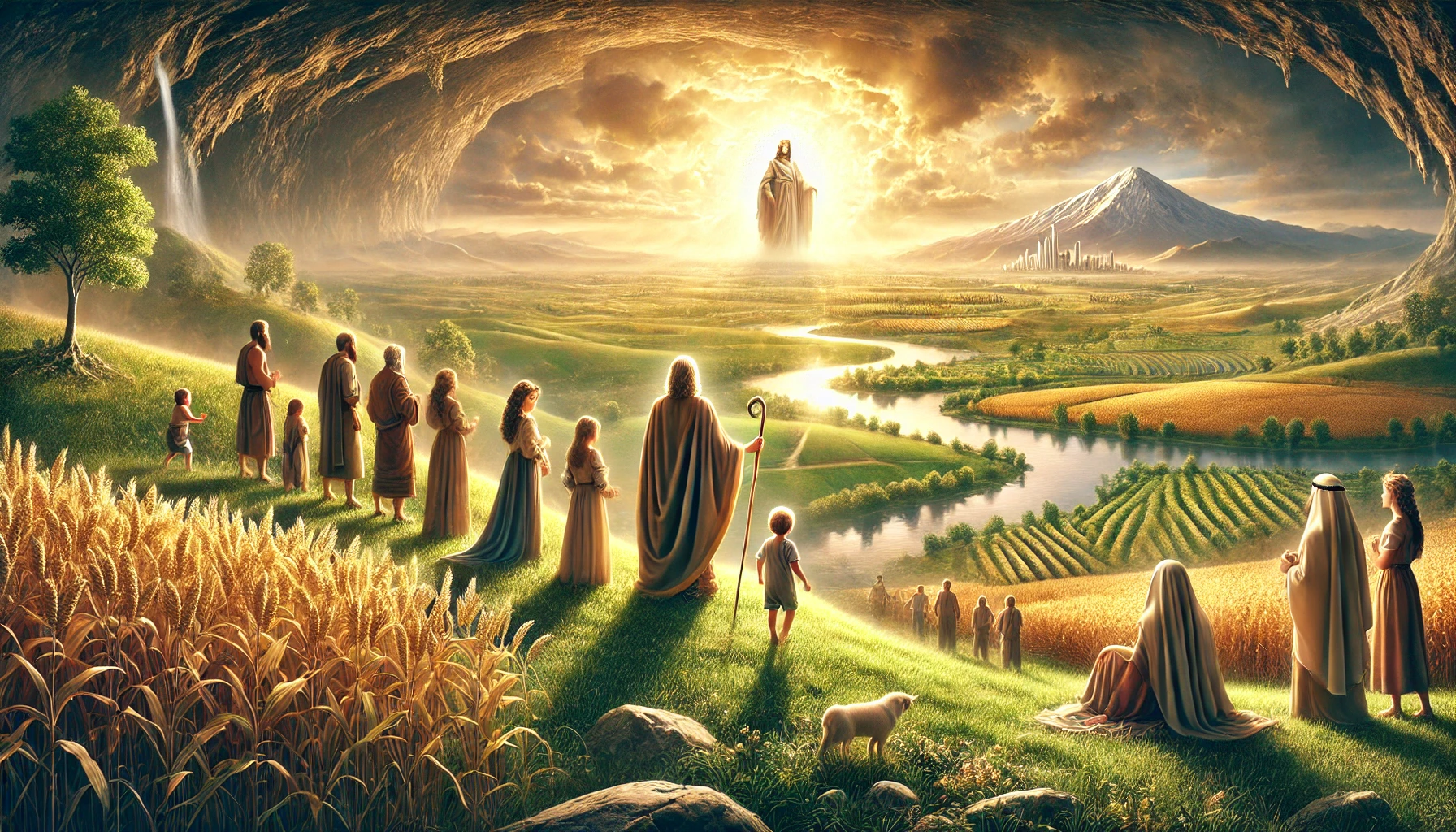 The scene shows a serene, fertile land under a radiant sky.