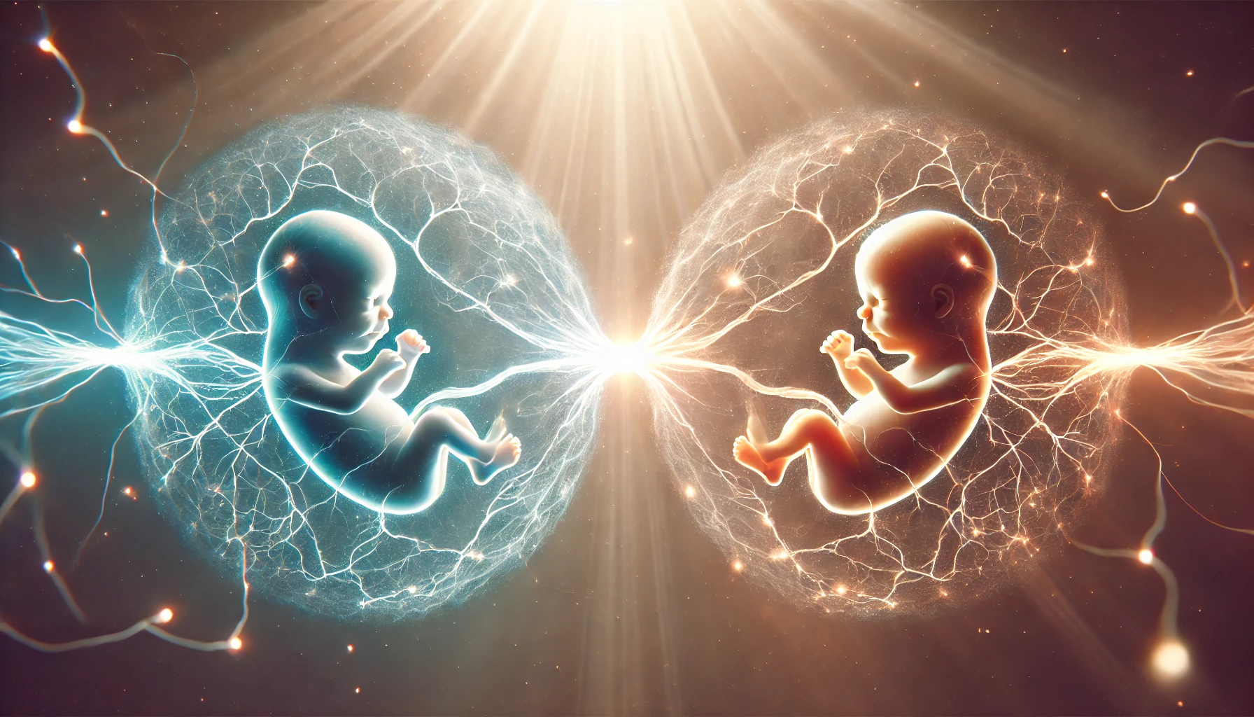 Two fetus in separate wombs, side by side, connected by glowing threads of light.