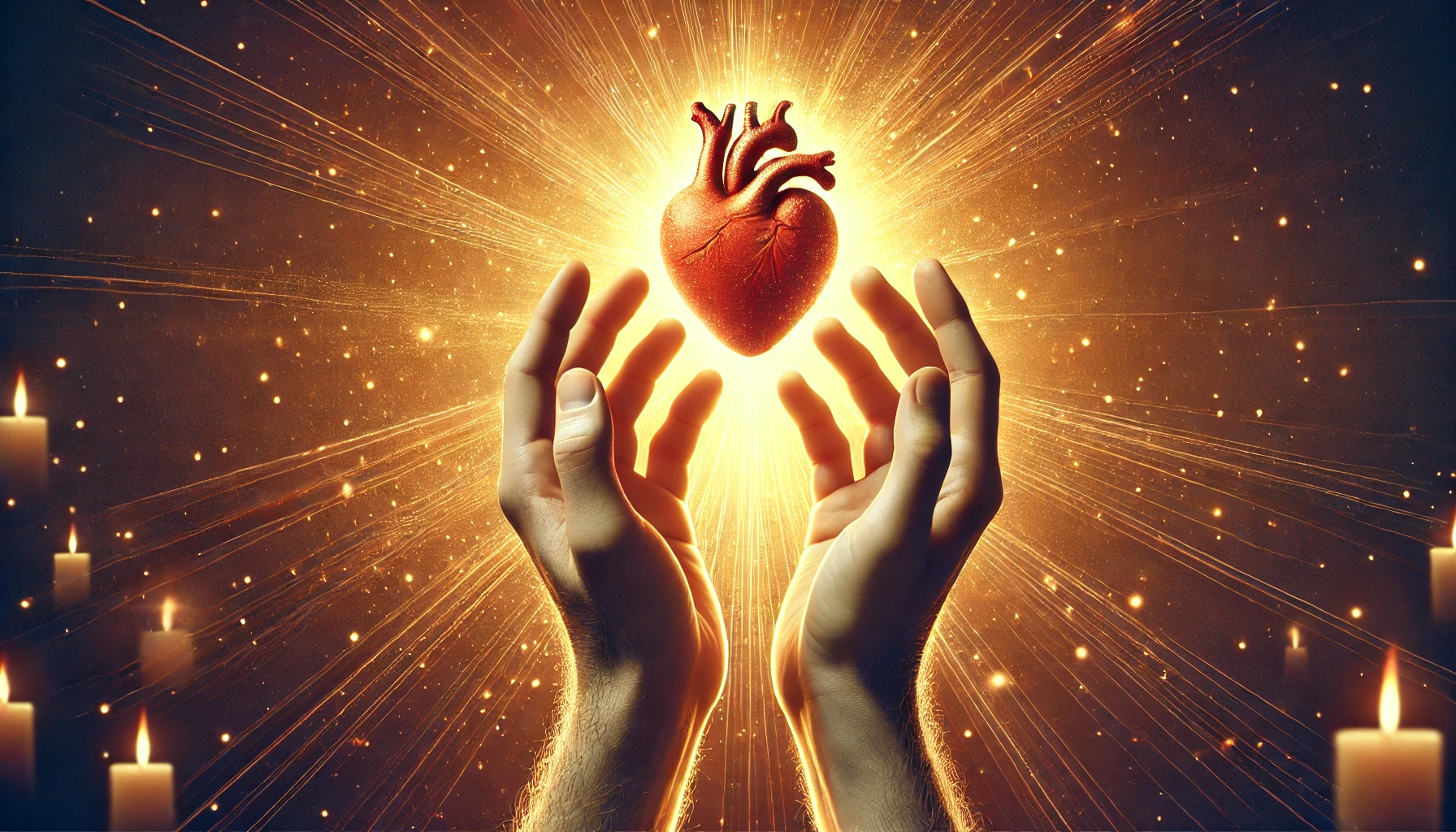 Two hands holding a glowing heart.