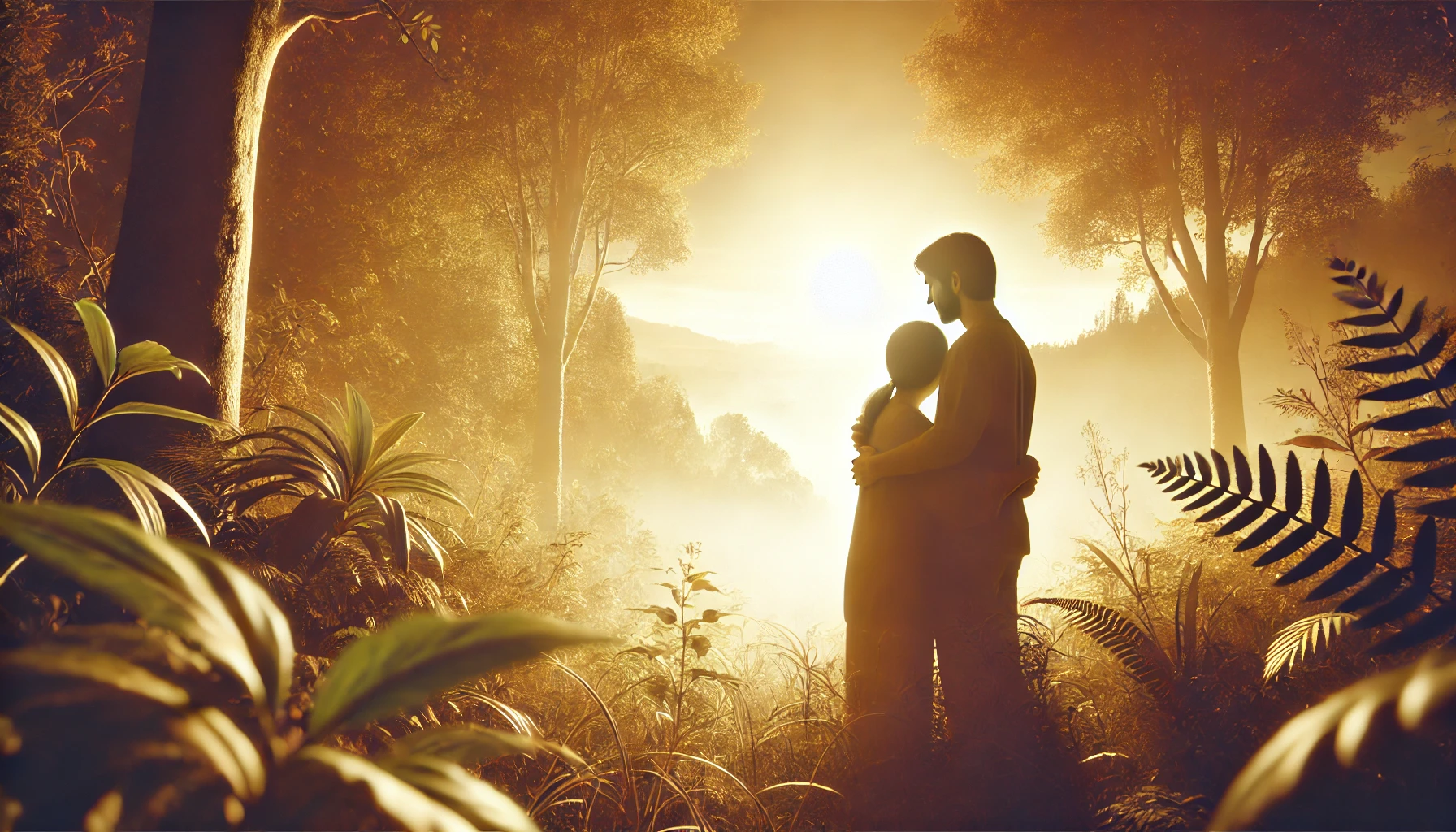 Two people embracing warmly in a park during sunset.