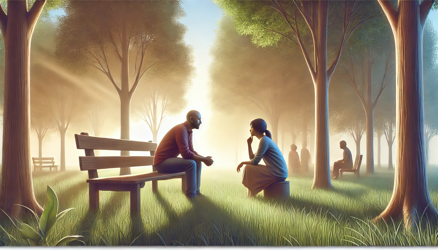 Two people in a peaceful park, one leaning forward, listening intently to the other who is speaking calmly.