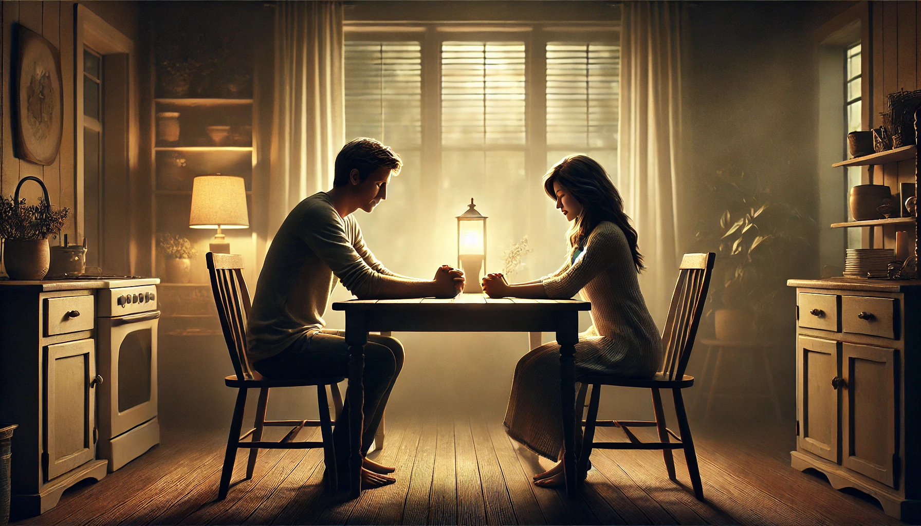 Two people sitting across from each other at a table in a warmly lit home, their hands clasped in prayer.