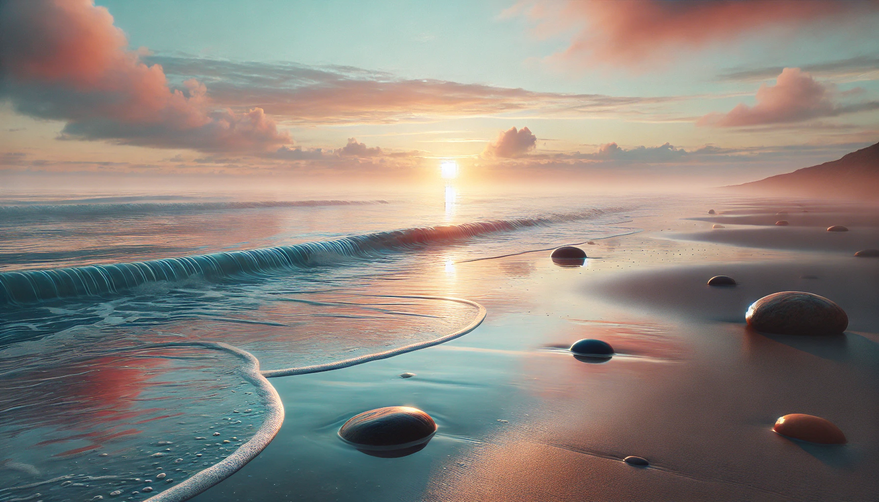 realistic horizontal illustration of a calm seaside scene at dawn, symbolizing peace and divine reassurance. Gentle waves lap against a sandy