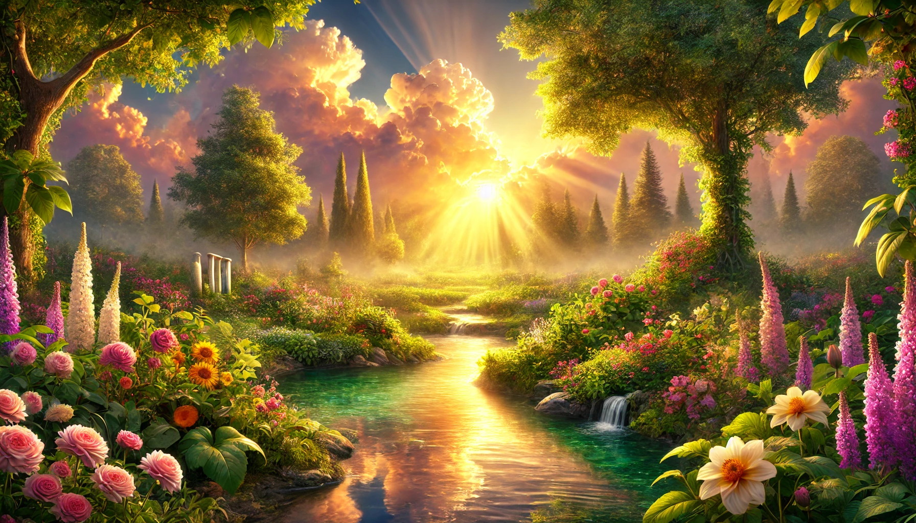 realistic horizontal illustration of a celestial garden symbolizing peace and eternal comfort. The garden features vibrant, lush greenery, col