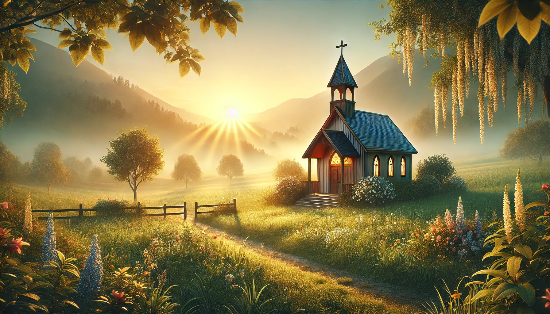 realistic horizontal illustration of a serene chapel in the countryside at sunrise. The chapel is small, surrounded by lush green fields and b