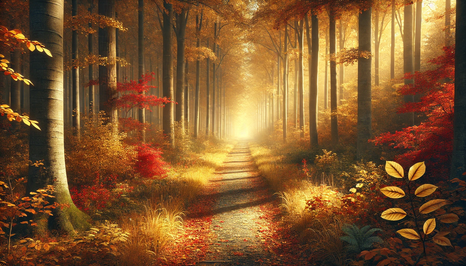 realistic horizontal landscape showing a quiet forest path during autumn. The trail is covered with golden and red leaves, flanked by tall tre