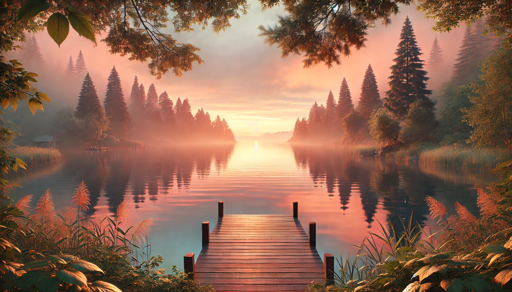 realistic horizontal scene of a tranquil lake at sunset, with soft orange and pink hues in the sky reflecting on the water. The lake is surrou