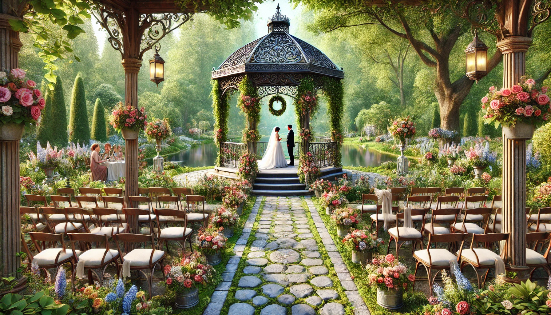 A beautiful garden wedding scene, with a stone pathway leading to an ornate wrought-iron gazebo draped with ivy and flowers.