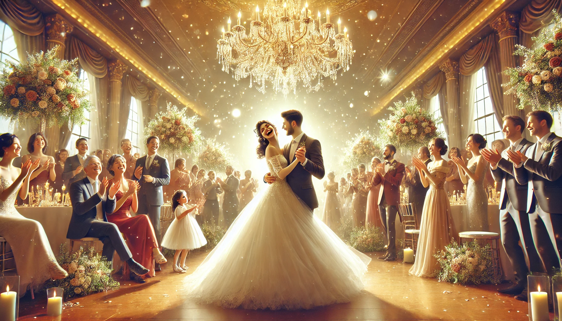 A bride and groom dancing joyfully in a beautifully lit ballroom.