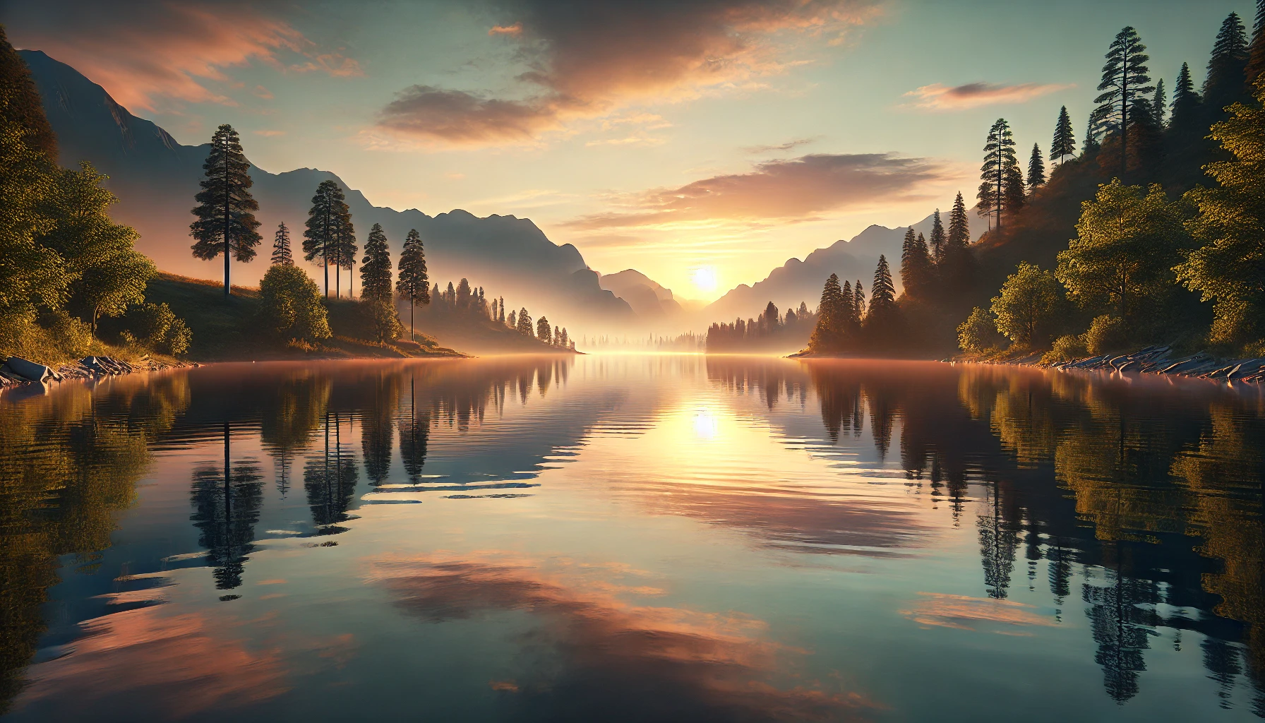 A calm lake at sunrise, surrounded by mountains and trees.