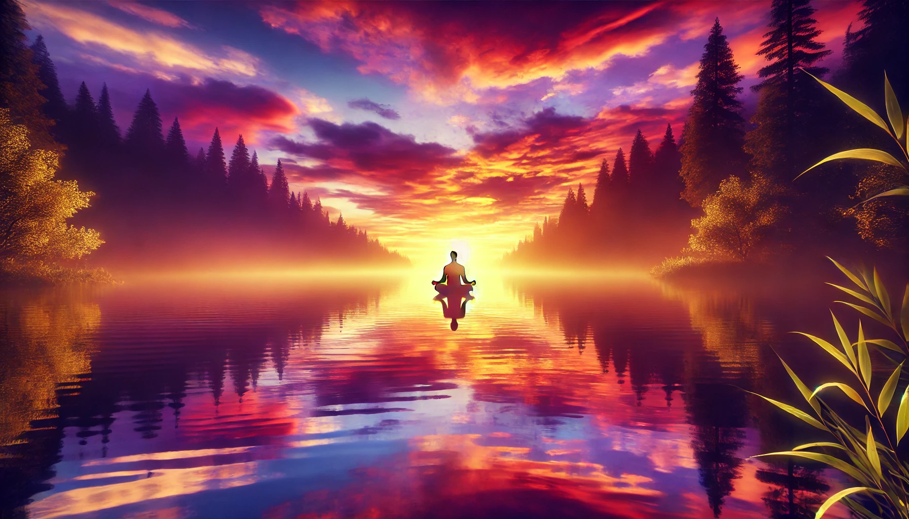 A calm lake at sunset, with vibrant colors of orange, pink, and purple reflecting on the water.