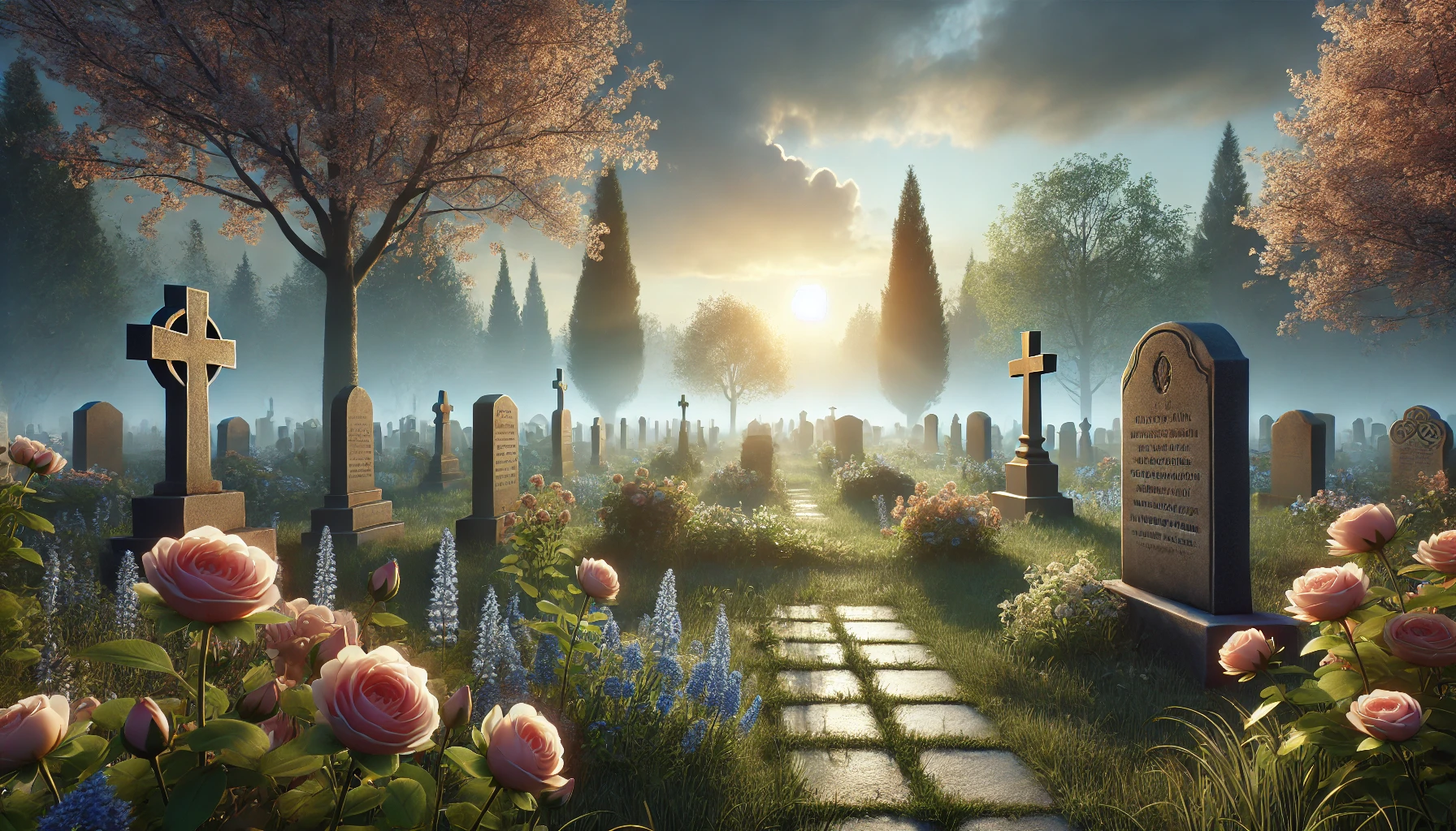 A cemetery at twilight. The gravestones are surrounded by blooming flowers and bathed in soft.