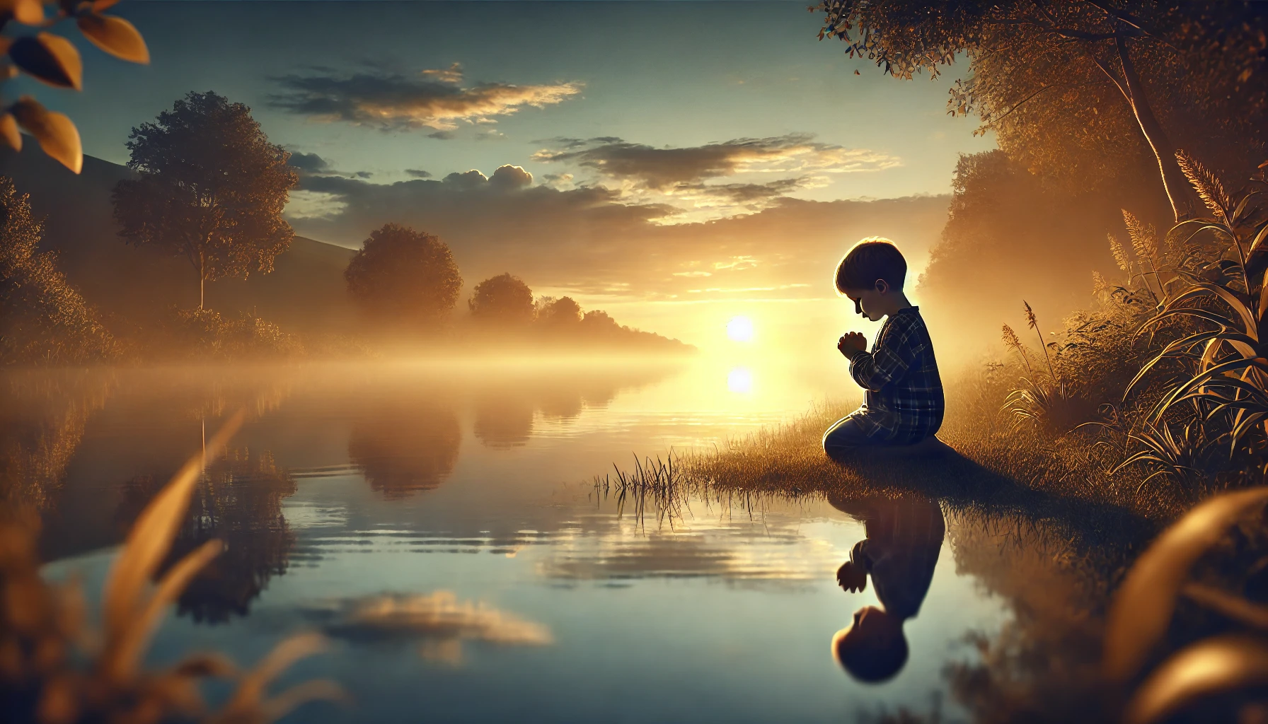 A child kneeling in prayer at sunset near a calm lake.