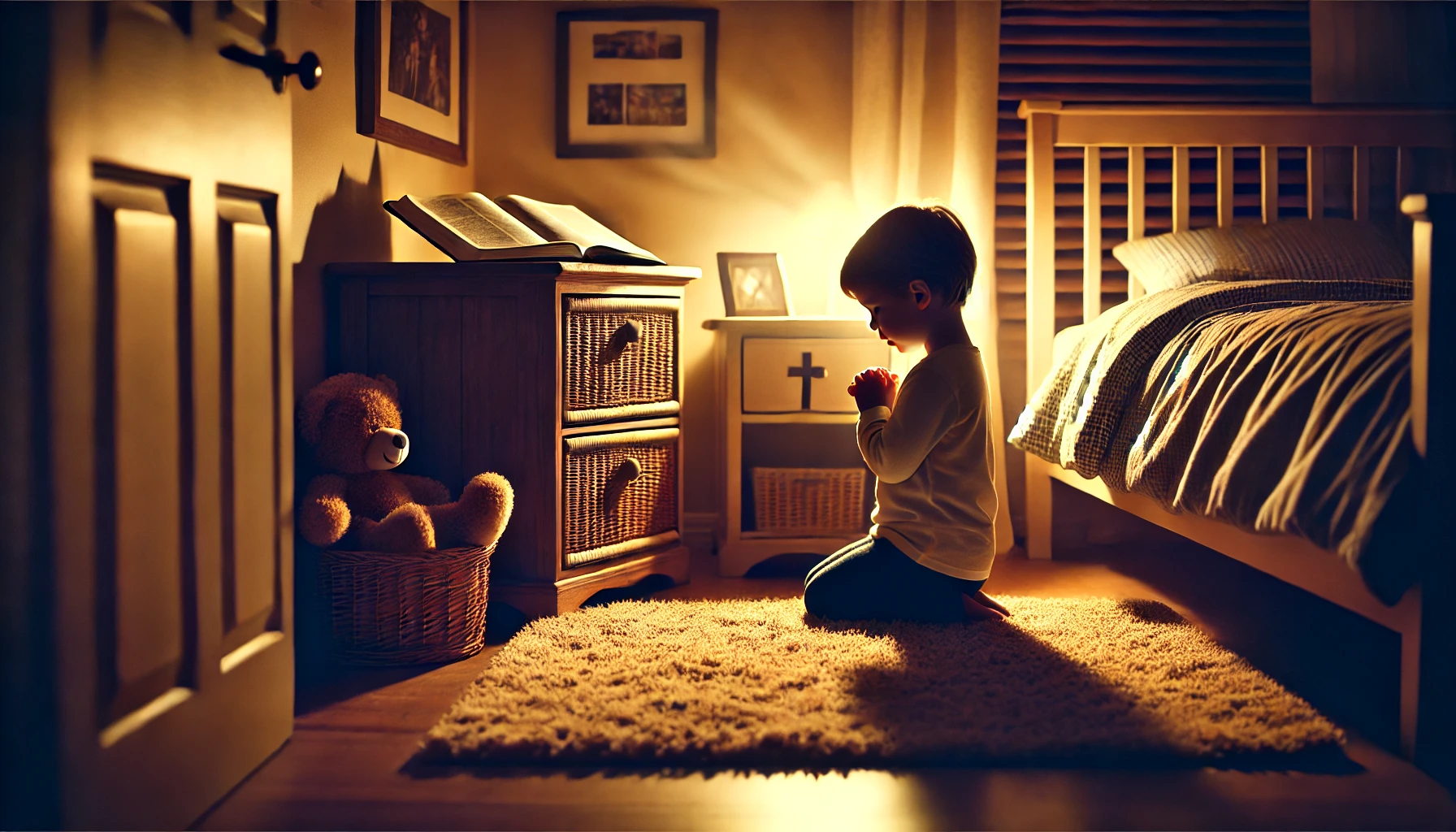 A child kneeling in prayer by their bedside, with soft lighting creating a peaceful atmosphere.