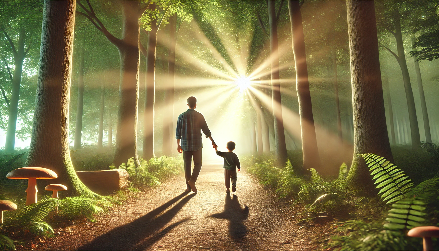 A child walking on a forest path, holding their parent’s hand.