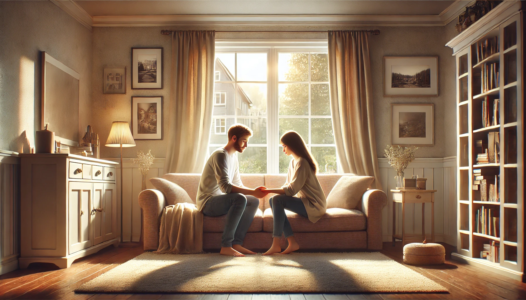 A couple sitting on a cozy couch in their living room, holding hands and sharing a quiet, tender moment.