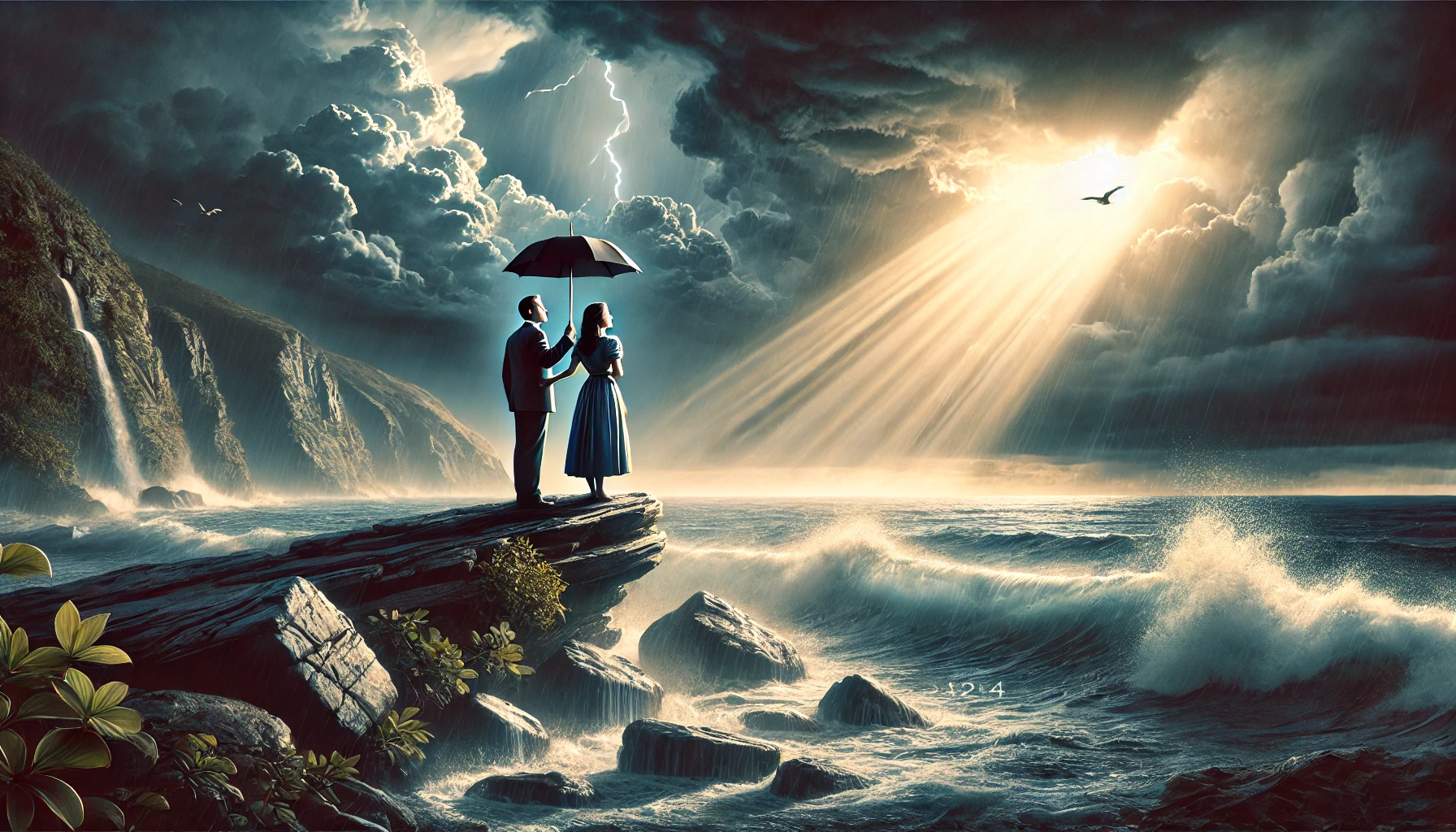 A couple stands together under a stormy sky on a rocky cliff near the ocean.