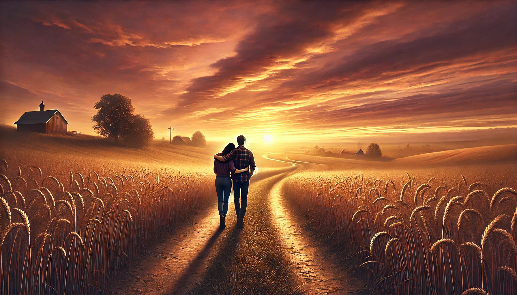 A couple walking along a rustic dirt path surrounded by golden fields at sunset.