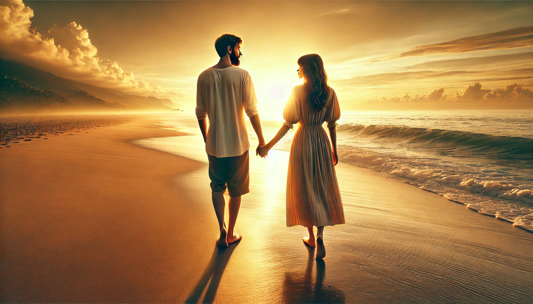 A couple walking along a sandy beach at sunset, holding hands and gazing at the horizon.