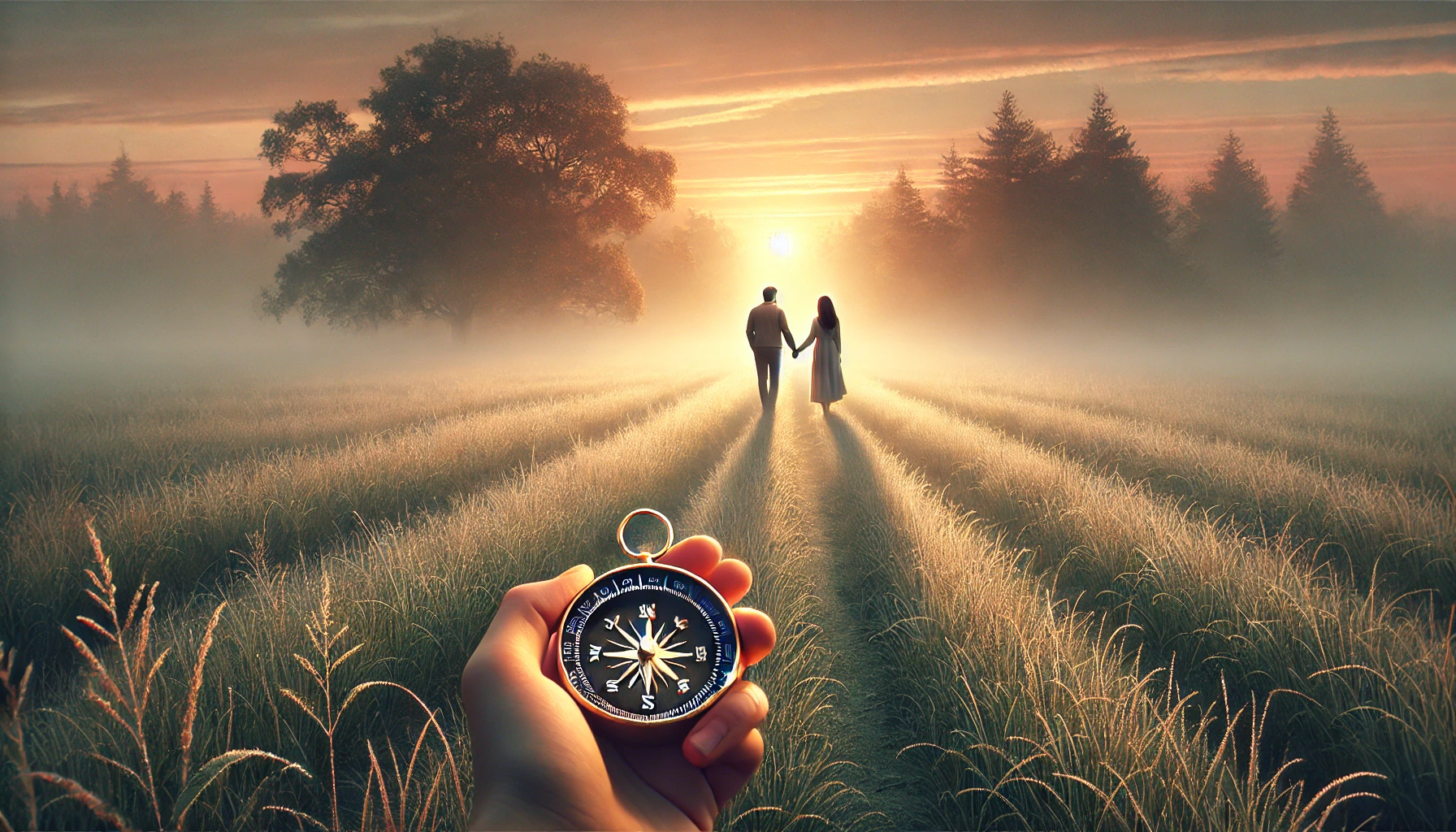 A couple walks through an open field at sunrise, with the man holding a compass.