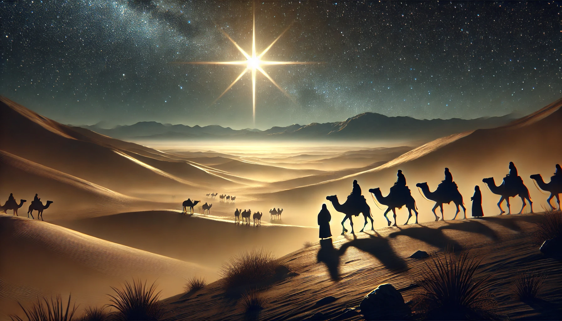 A depiction of the wise men traveling at night across a vast desert landscape.