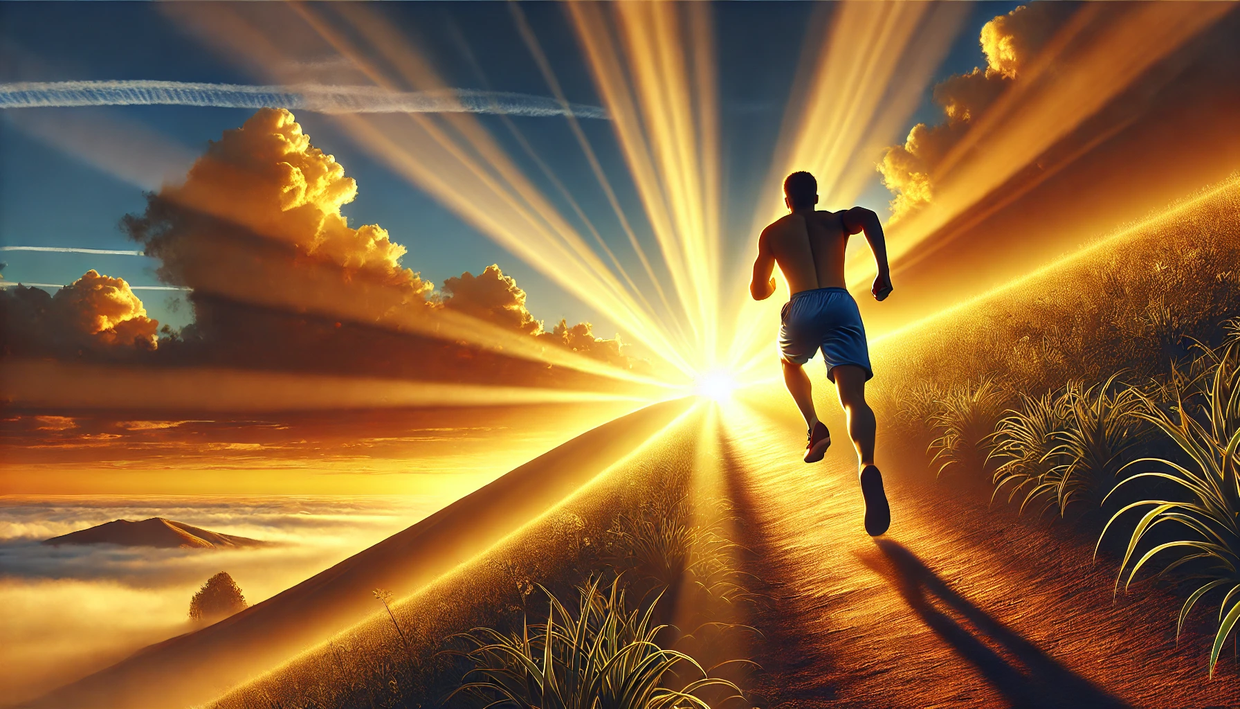 A determined athlete running up a hill at sunrise, with vibrant golden light breaking over the horizon.