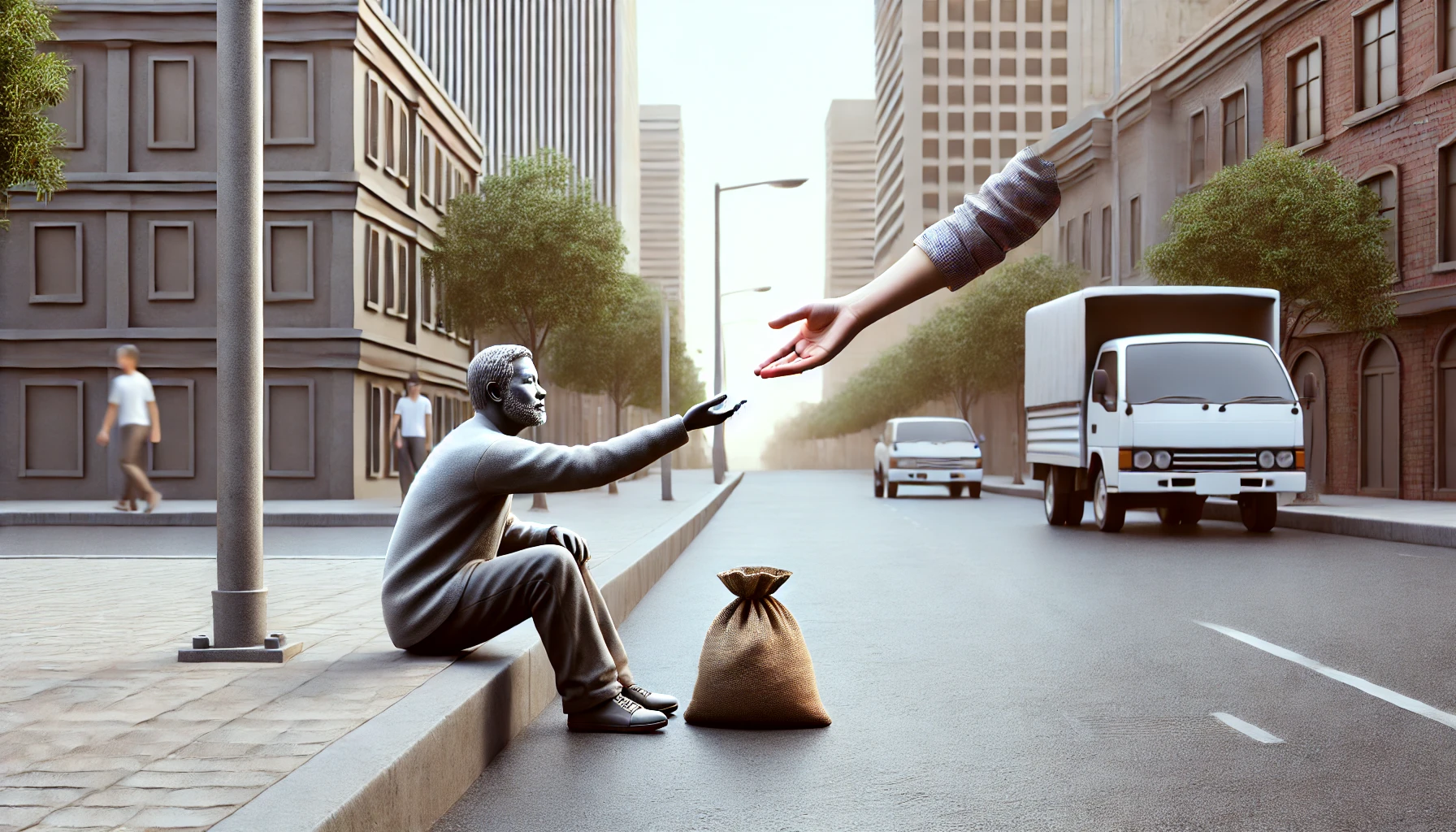 A disembodied hand reaching out to help a poor and needy individual sitting on a sidewalk.