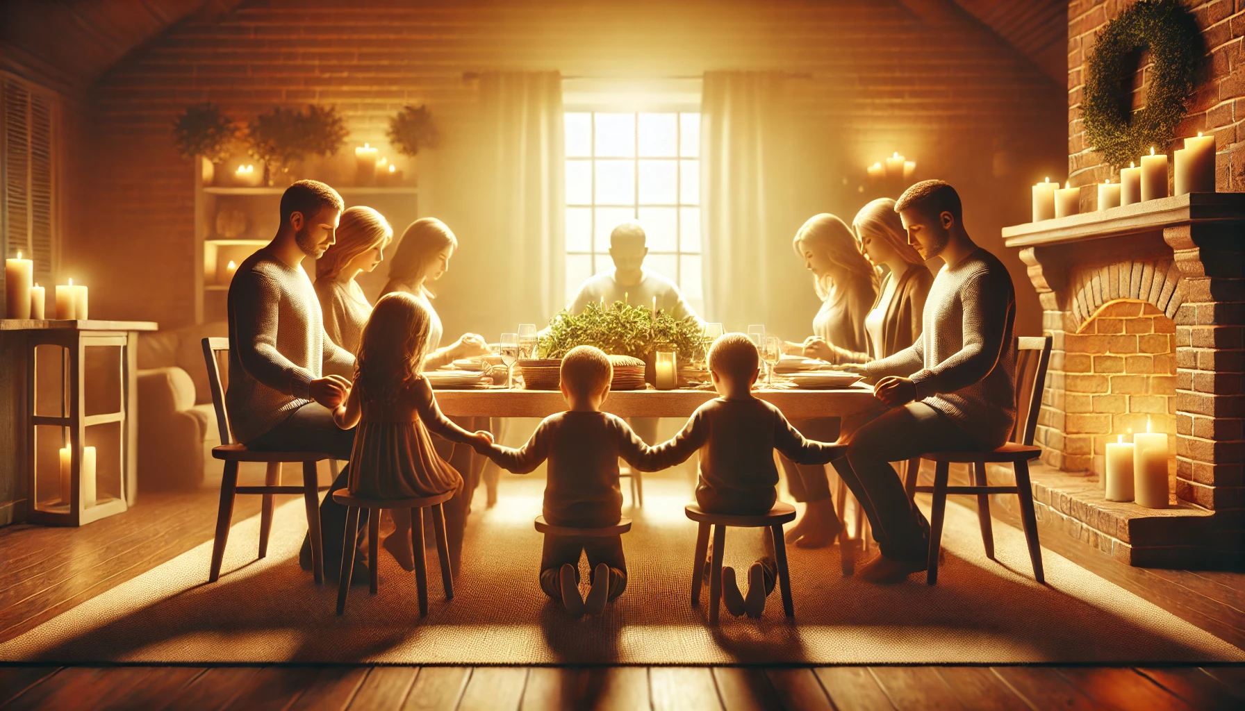 A family gathered around a dinner table in a cozy home setting.