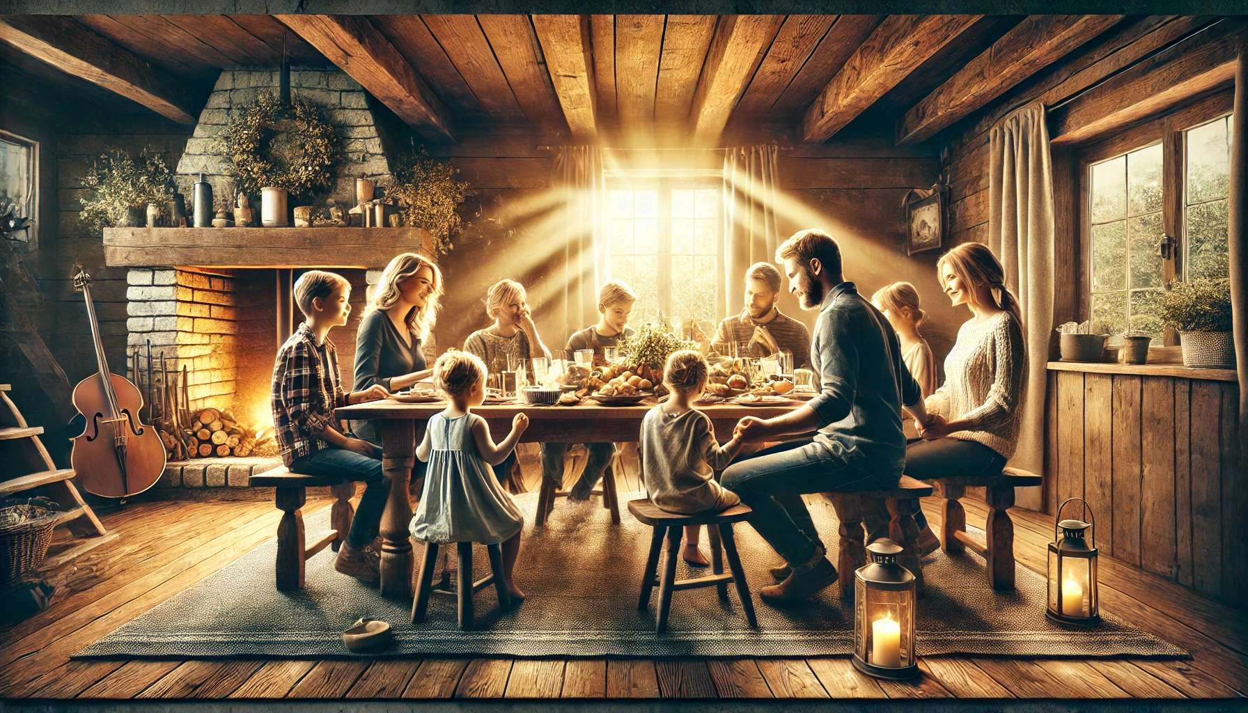 A family gathered around a rustic wooden dining table, sharing a meal in a cozy home.