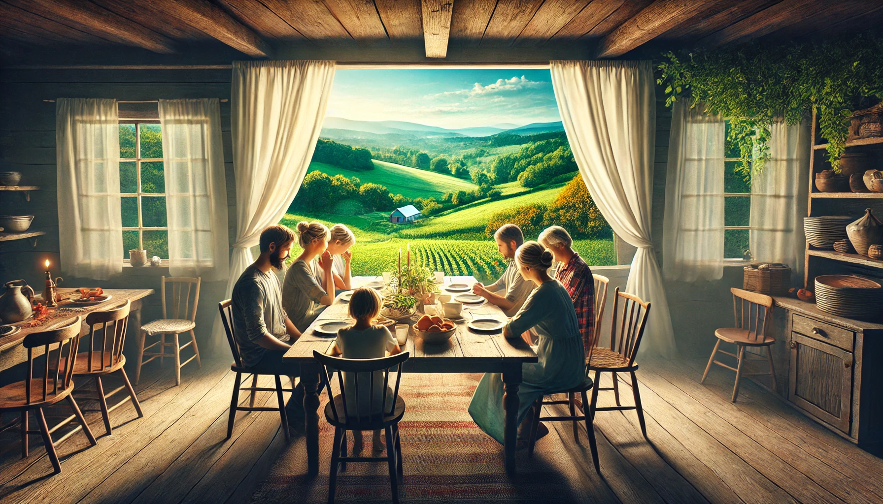 A family gathered at a rustic dining table, lit by natural daylight through a nearby window.