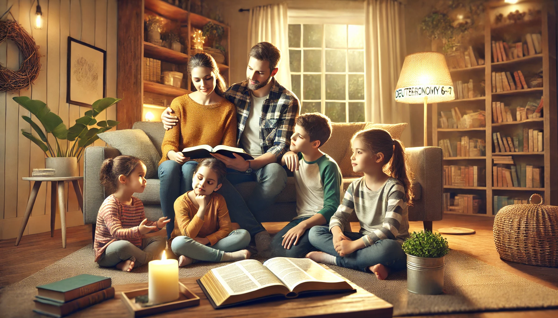 A family gathered in their living room, engaging in a shared Bible reading session.