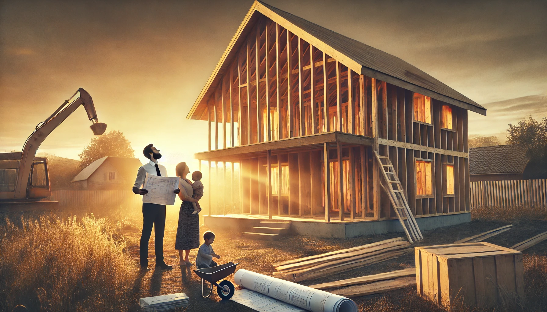 A family is gathered outside a partially built wooden house in a rural setting at twilight.