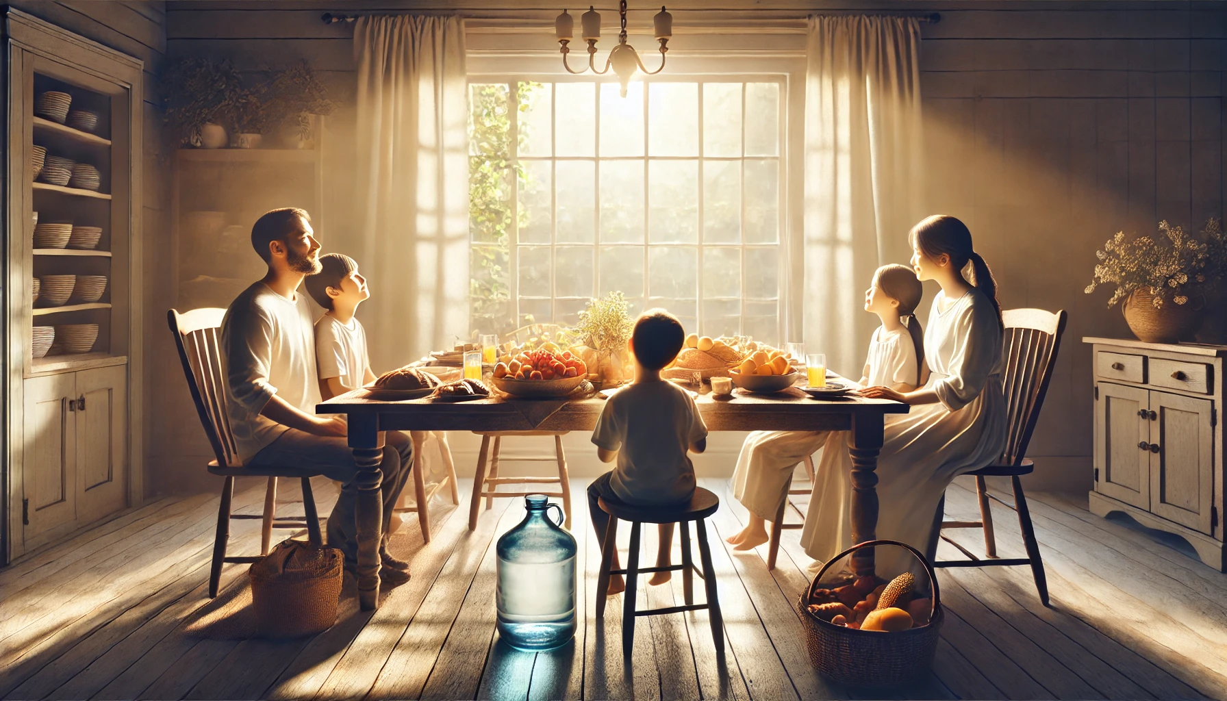 A family sitting around a dinner table, sharing a meal together.