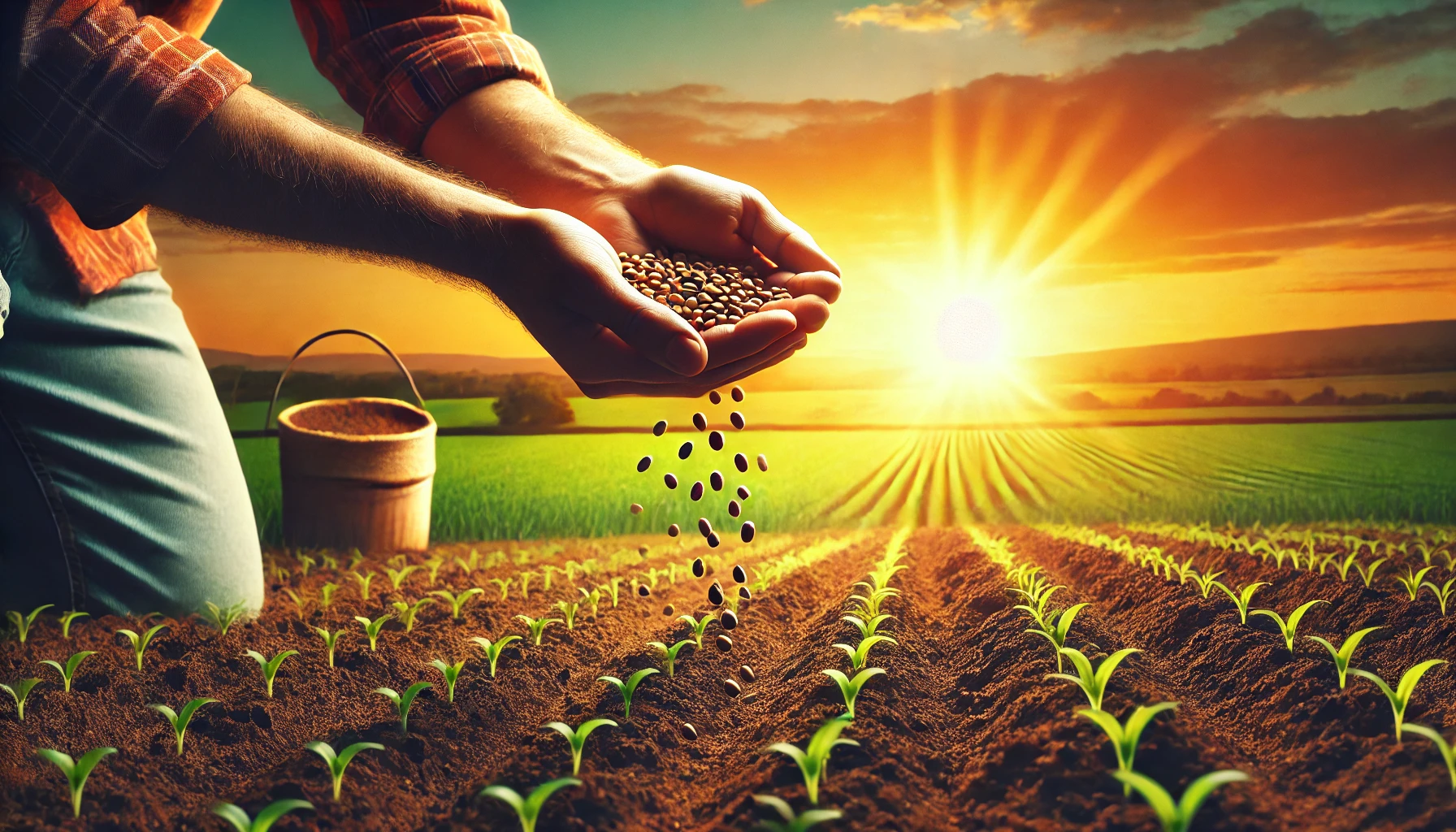 A farmer sowing seeds in a lush green field during golden hour.