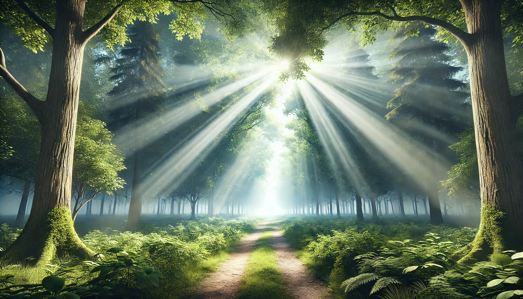 A forest path illuminated by rays of sunlight breaking through the trees.